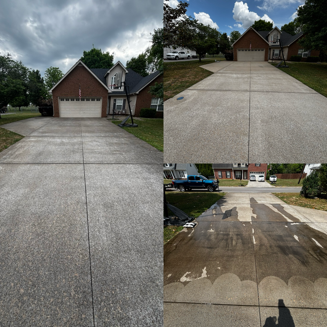 Sequence of four photos showing a concrete driveway before and after cleaning. Top left: cloudy sky, house with brick and siding, basketball hoop, and trees. Top right: clean driveway with clear sky. Bottom left: close-up of clean textured concrete. Bottom right: dirty, stained driveway with water runoff and a person’s shadow.