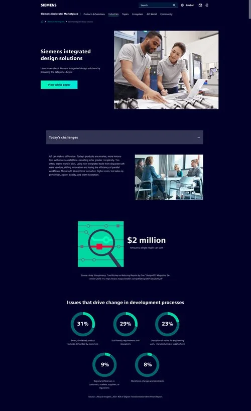 Screenshot of Siemens integrated design solutions webpage showing an engineer and a designer reviewing plans at a desk, with a sidebar of challenges and statistics about development process impacts.