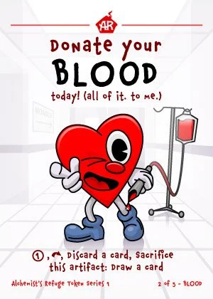 Cartoon red heart character with a smiling face, holding an IV pole with a blood bag, on a hospital background with a donor message.