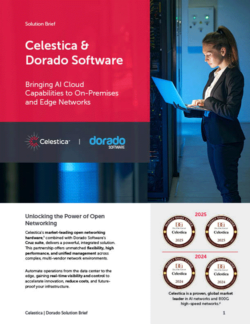 Solution brief cover page for Celestica and Dorado Software, titled 'Bringing AI Cloud Capabilities to On-Premises and Edge Networks.' Features a woman in business attire working on a laptop in a data center with server racks.