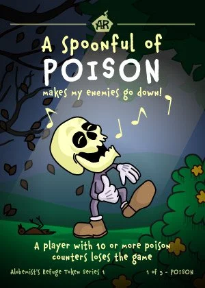 A cartoon skeleton playing a flute in a forest with poison warnings, indicating that a player with 10 or more poison counters loses the game.
