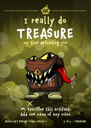 Cartoon treasure chest with a smiling face, tongue sticking out, and raised eyebrows, surrounded by gold coins and sparkles, on a green background.