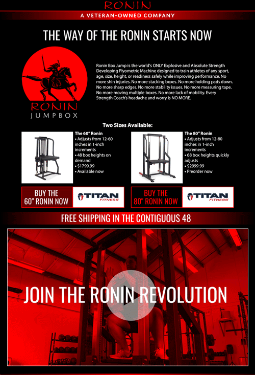 Advertisement for Ronin Jump Box, featuring two sizes available, 60-inch and 80-inch, with images of the jump boxes and a person exercising on one, along with promotional text and branding for Titan Fitness.