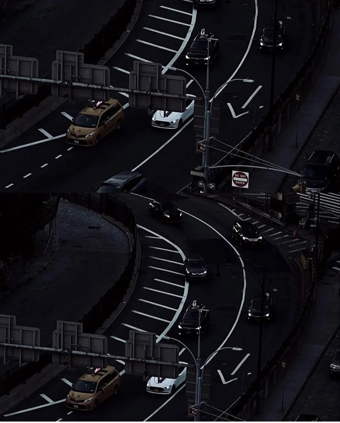 Two levels of roadways with cars driving on them; the upper level has three cars and a pedestrian crossing area, and the lower level has four cars; there are streetlights, signs, and some fencing, with a dark and urban environment.