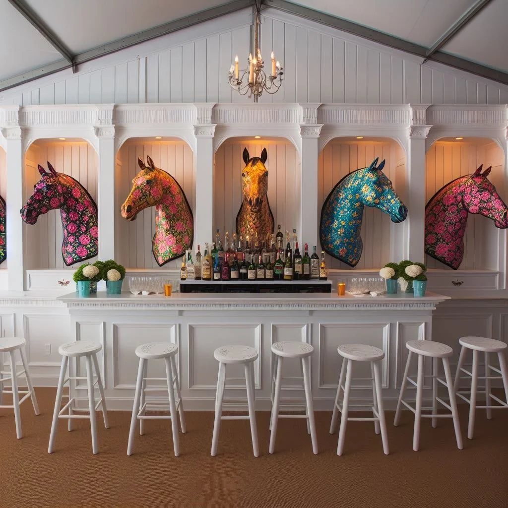 Decorative bar area with five horse head artworks made of floral patterns on the wall behind a white bar counter with white stools, bottles of alcohol, potted flowers, and candles.
