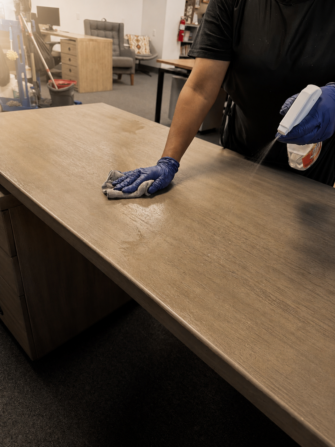 Person cleaning a wooden desk with a cloth and spray bottle, wearing blue gloves in an office setting.