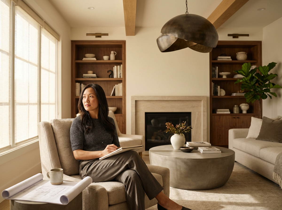 A woman sitting on a beige armchair in a living room, holding a notebook, with sunlight coming through large windows on her left, a coffee table with a vase of flowers and stacks of magazines in front, and built-in bookshelves with decorative items behind her.