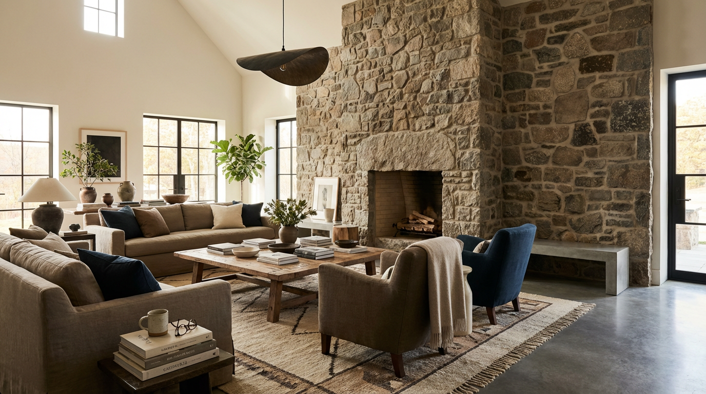 Living room with a large stone fireplace, beige couches, a wooden coffee table with books and plants, armchairs, side tables with lamps, large windows, and a modern light fixture.