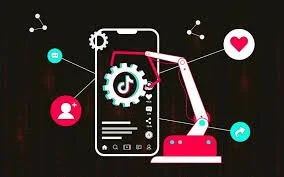 Illustration of a smartphone connected to a mechanical arm, with icons representing social media and engagement surrounding it.