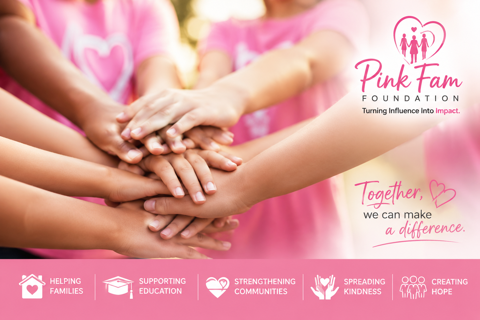 Children with hands stacked together, collaborating, with Pink Fam Foundation branding and message about community support and kindness.