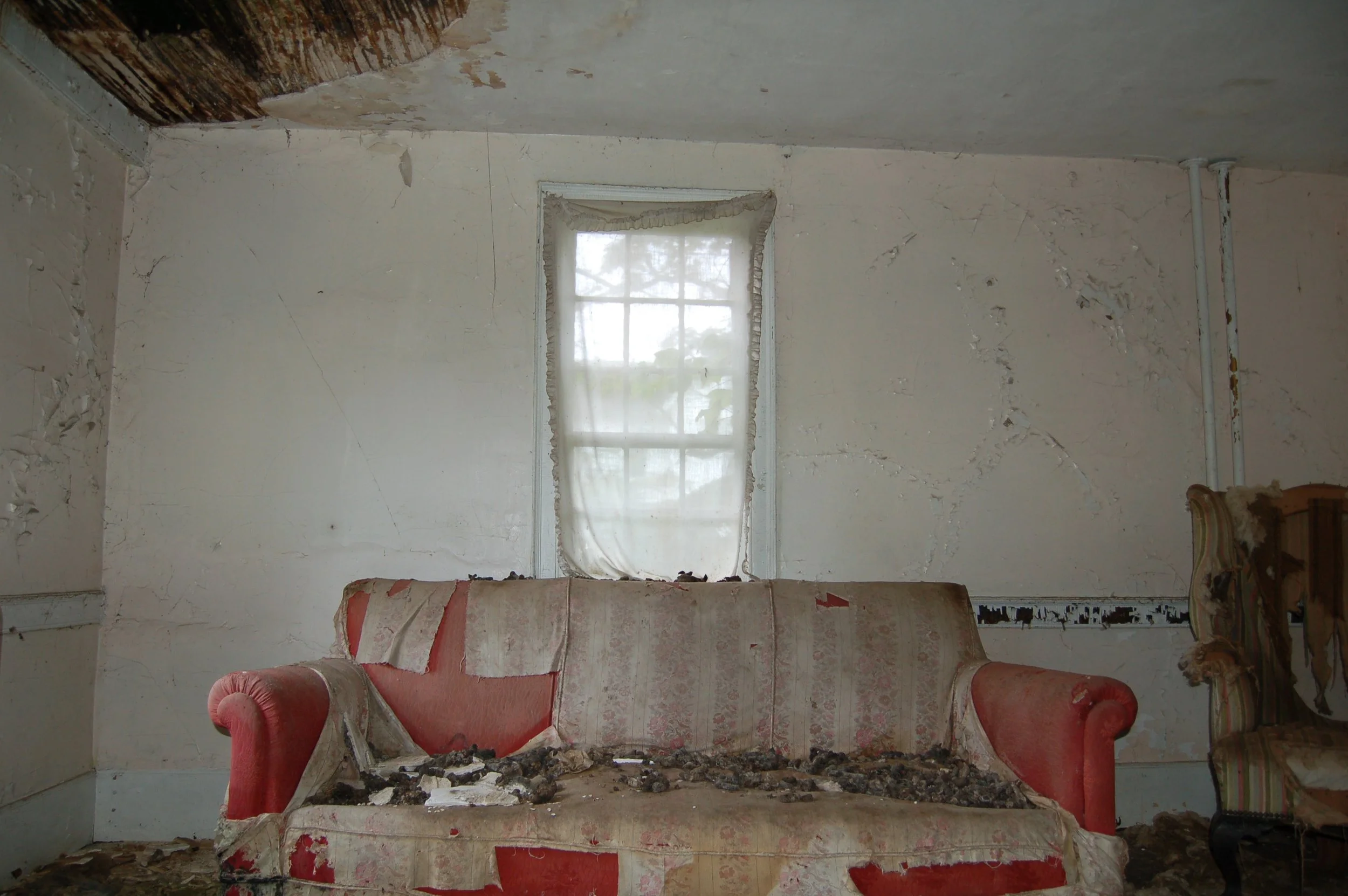 A room with peeling paint on the walls and ceiling, a window with torn curtains, a damaged sofa with torn fabric, and debris on the floor.