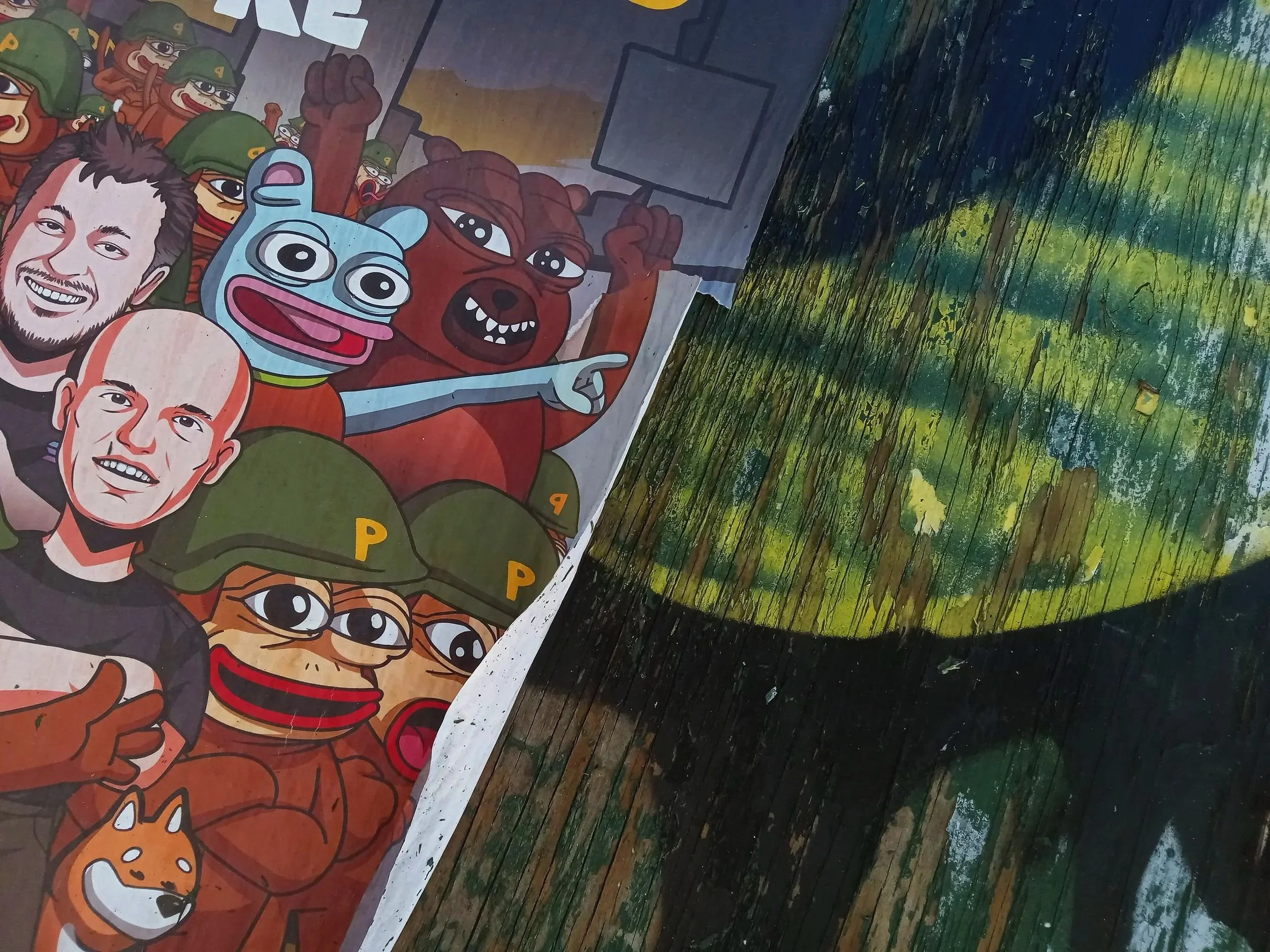 Illustration of cartoon characters, including a smiling man with a beard, cartoon animals, and various whimsical figures, on a wooden and painted background.