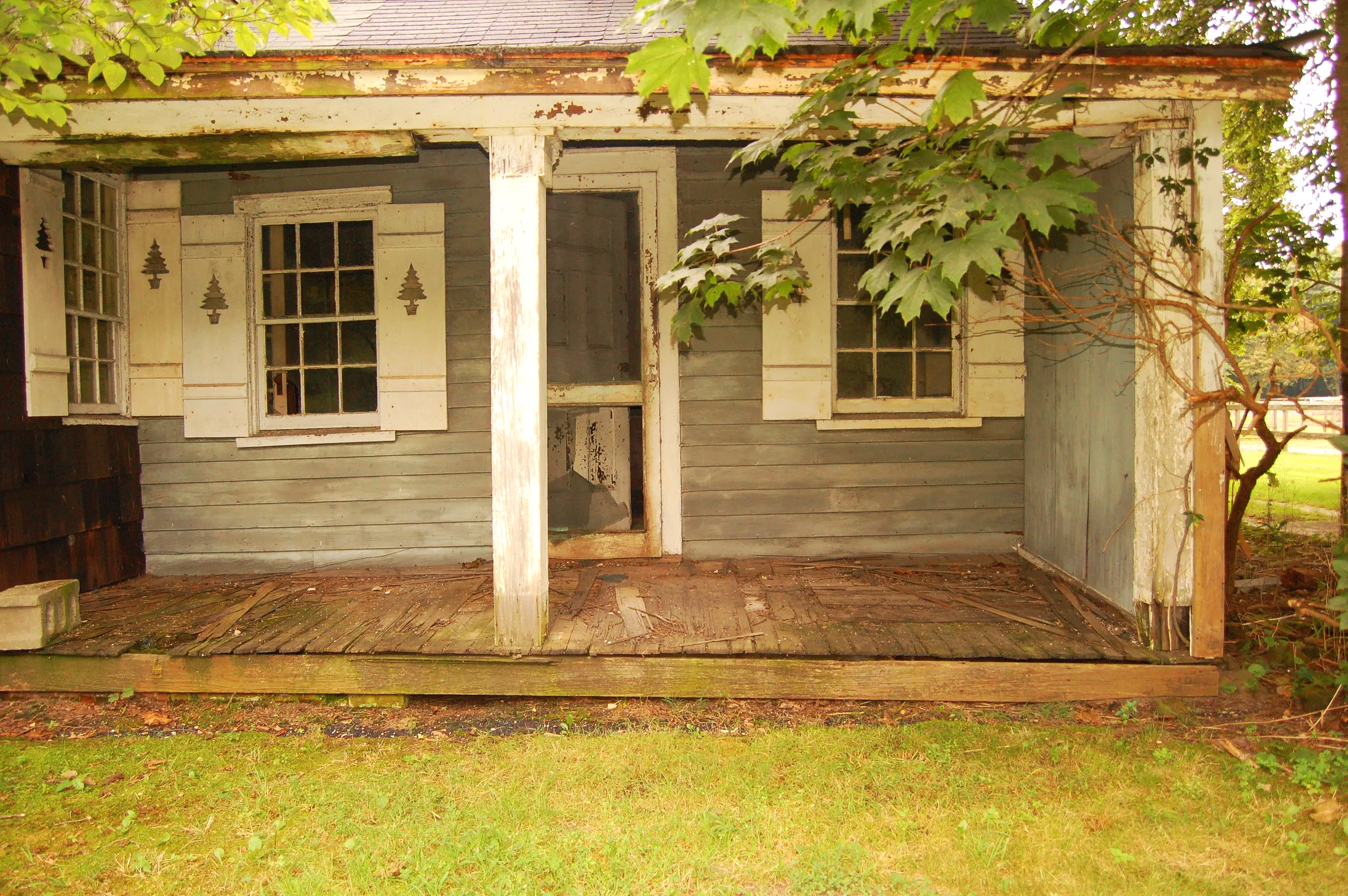 An old, abandoned house with peeling paint, broken windows, and overgrown with vines and greenery.