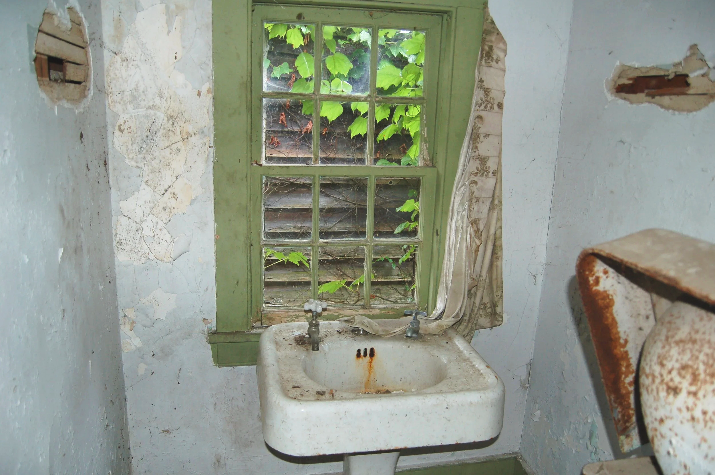 Old, dilapidated bathroom with peeling white paint, a green window with multiple panes showing overgrown leaves outside, an old sink with rust stains, and a rusted metal object on the right.