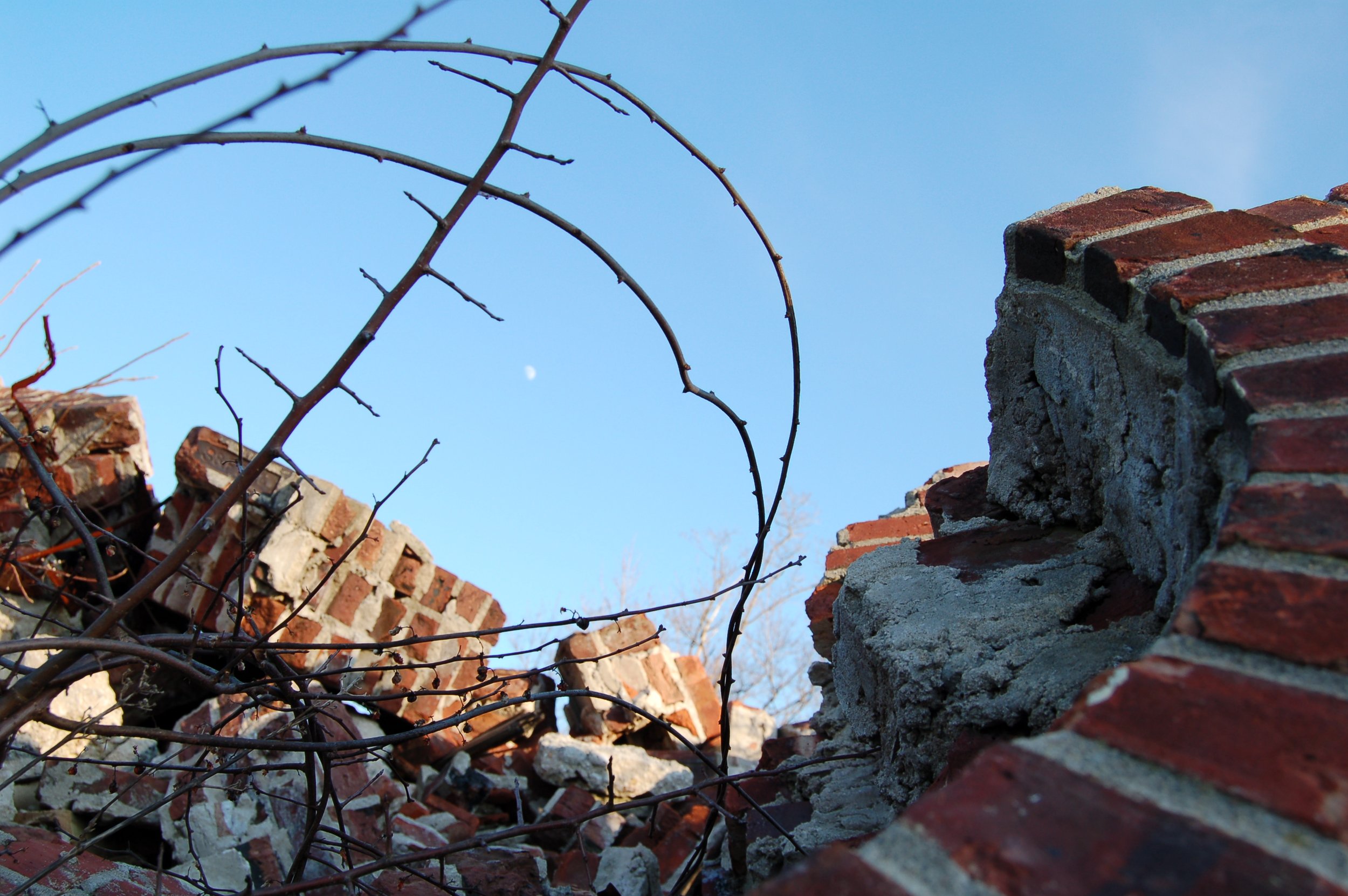 A partially collapsed brick wall with a wire fence and leafless branches against a blue sky with a visible moon.