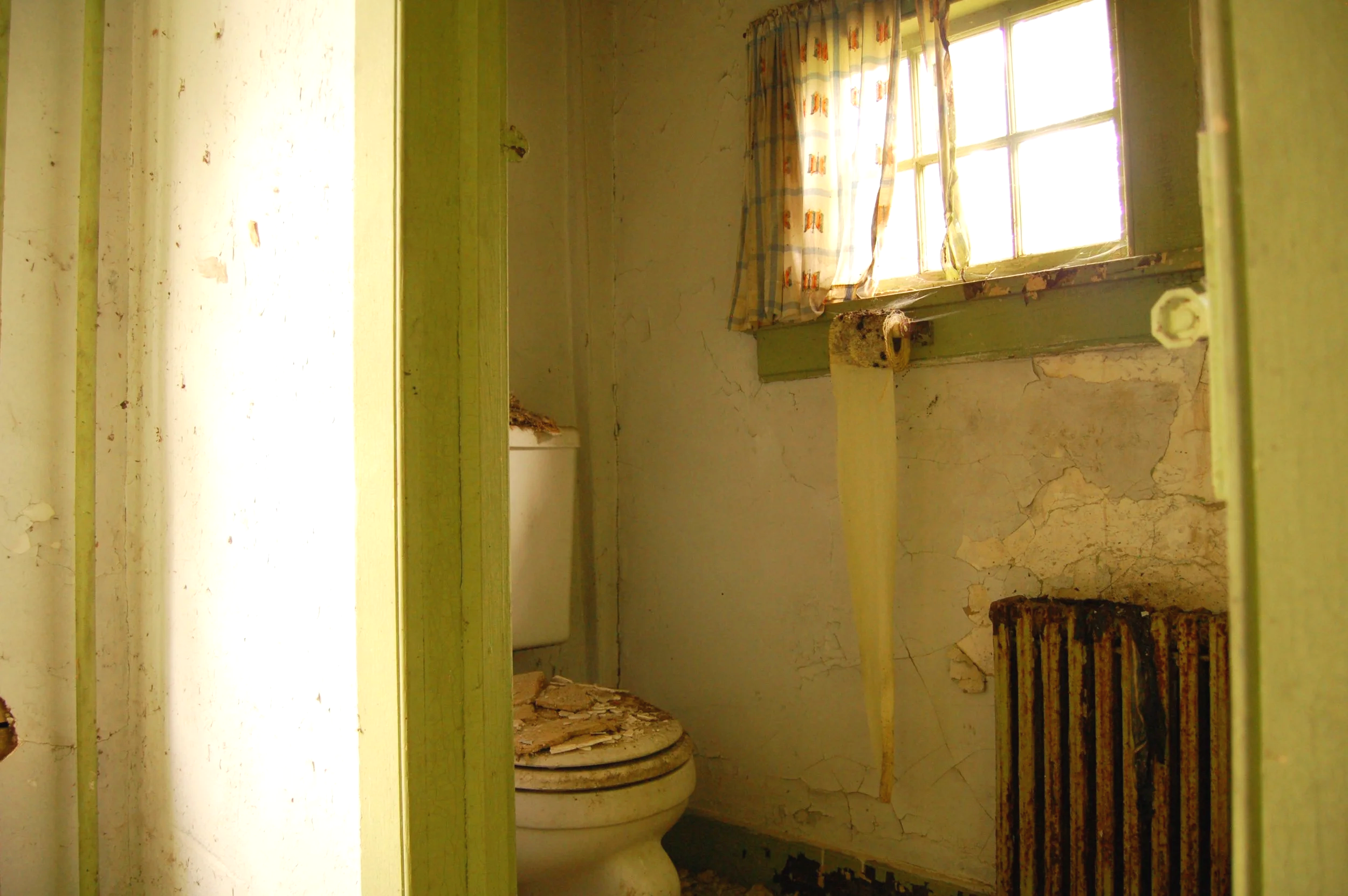 An abandoned bathroom with peeling yellowish-green walls and a small window with broken curtain. There is an old toilet with a rusted paper holder, and the floor and walls show signs of neglect and damage.