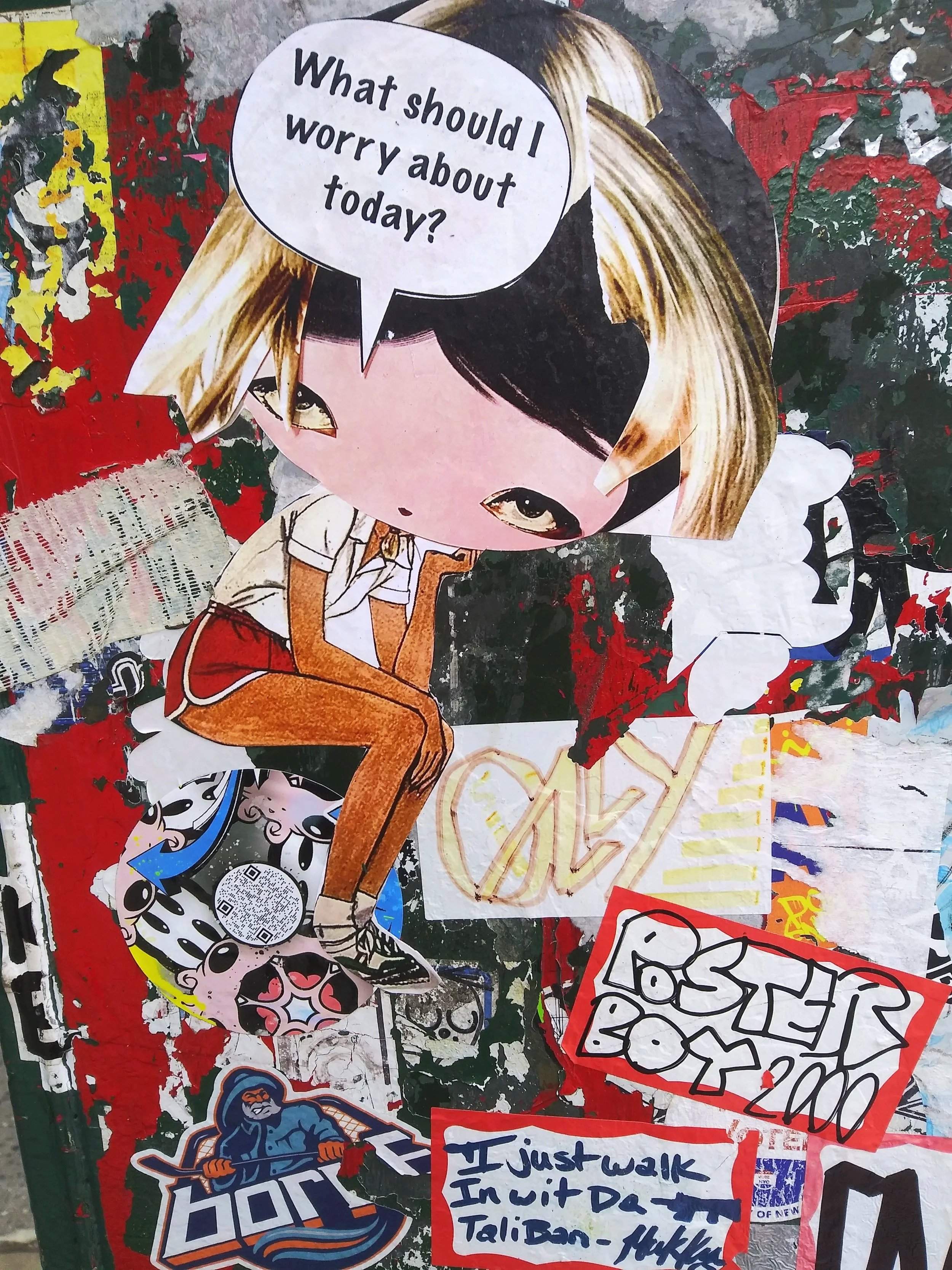 Collage of various stickers and posters on a weathered surface, including a cartoon girl with blonde hair and a speech bubble asking, 'What should I worry about today?' and other patches with drawings, text, and QR codes.