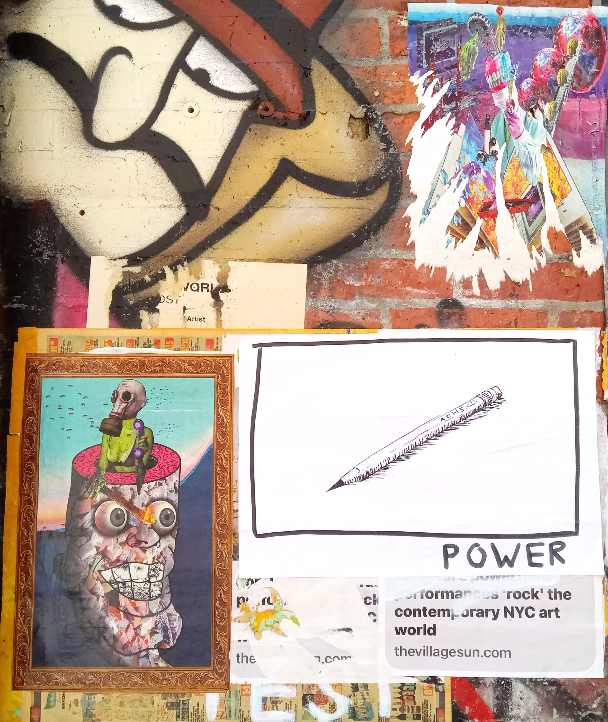 A corner of a brick wall with a colorful collage featuring a surreal skeleton with a plant growing out of its skull, and a framed illustration of a figure with a gas mask holding an ice cream cone. There are torn paper posters, some with text, including the words 'POWER' and a website address.