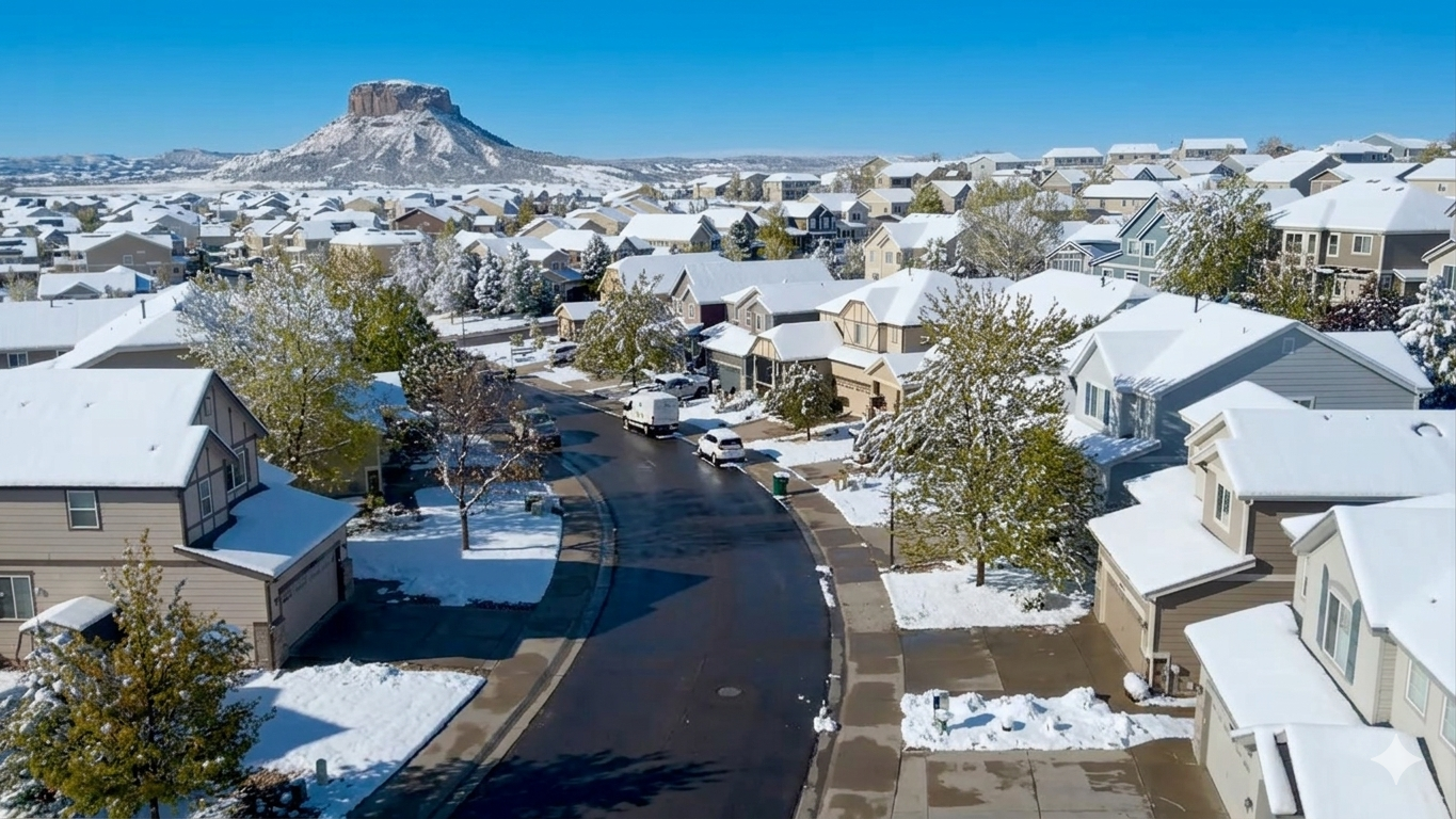 A snow-covered residential neighborhood with a curved street lined with houses and trees. Snow blankets rooftops, yards, and sidewalks, while a mountain is visible in the background under a clear blue sky.