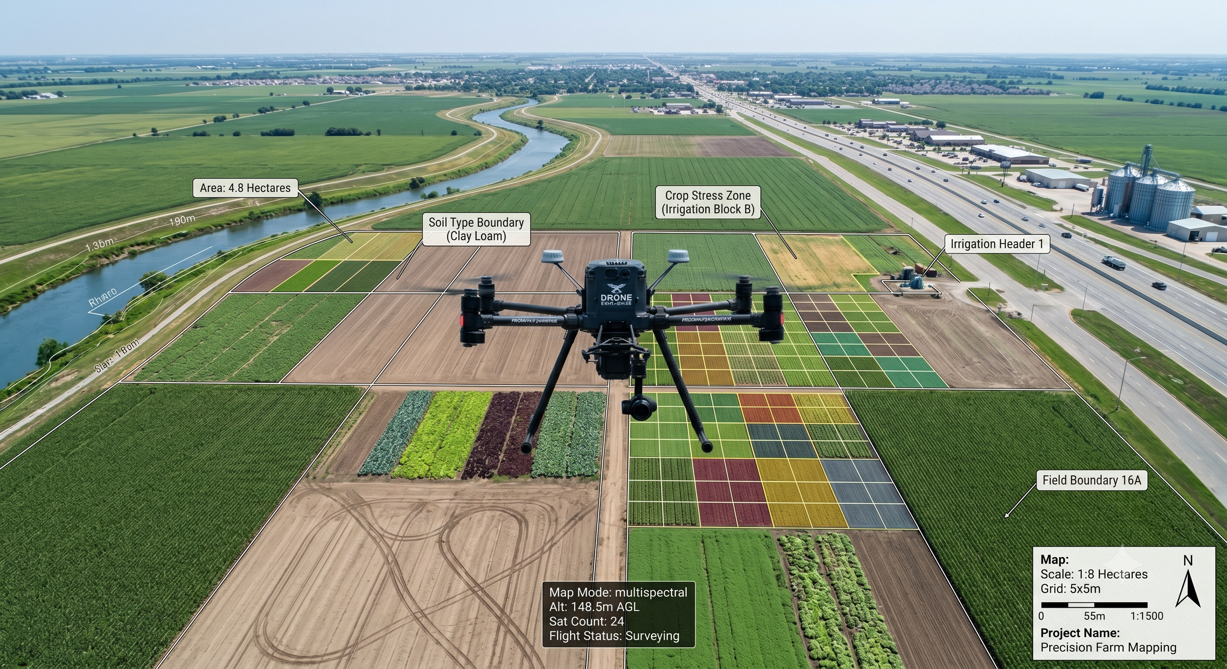 A drone flying over a large agricultural field with different crop zones, soil type boundaries, and irrigation infrastructure, with labels indicating areas, soil types, crop stress zones, and field boundaries.