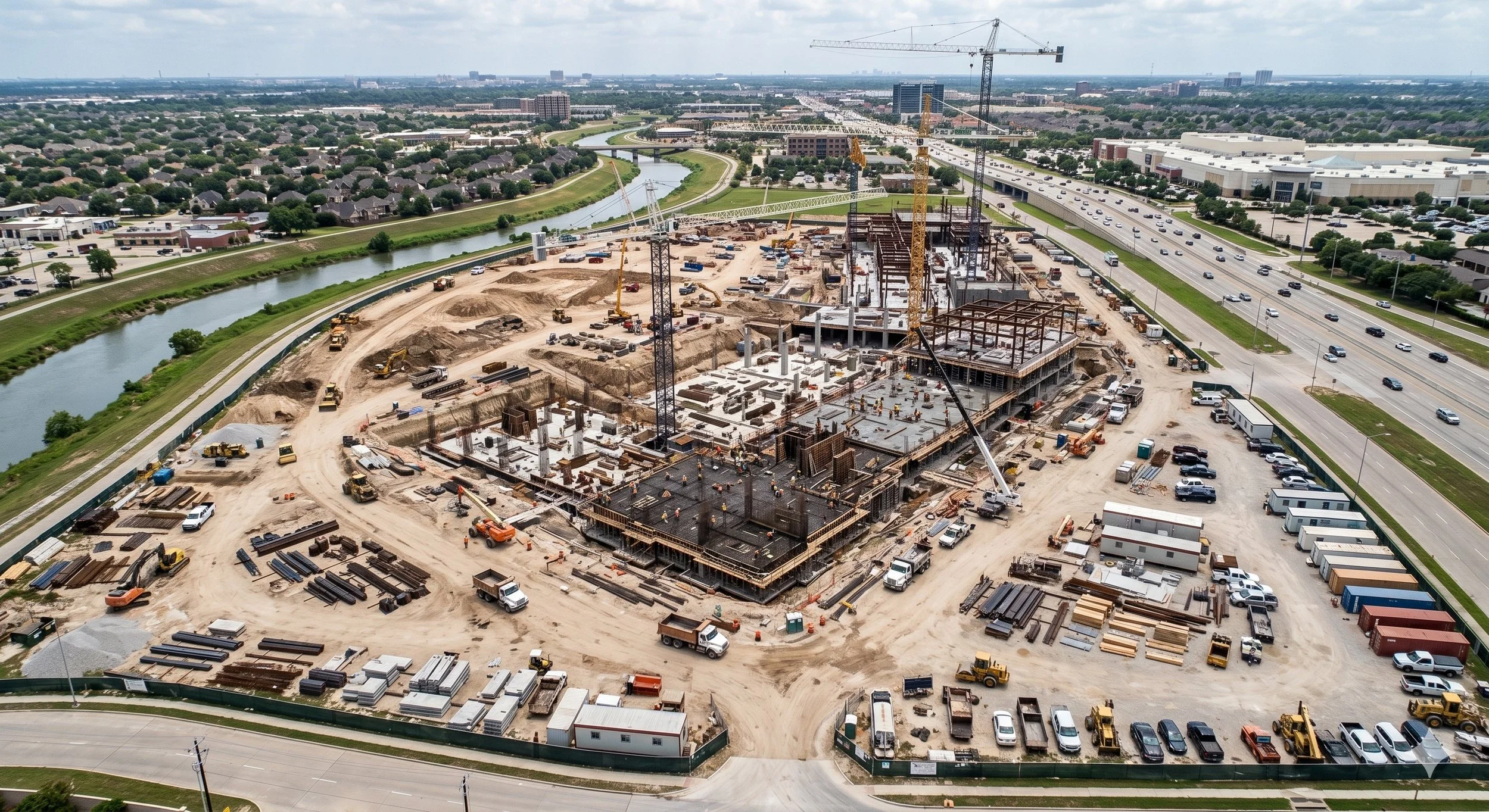 aerial view of a large construction site with cranes, building framework, and construction materials, next to a highway and a river, in a cityscape.