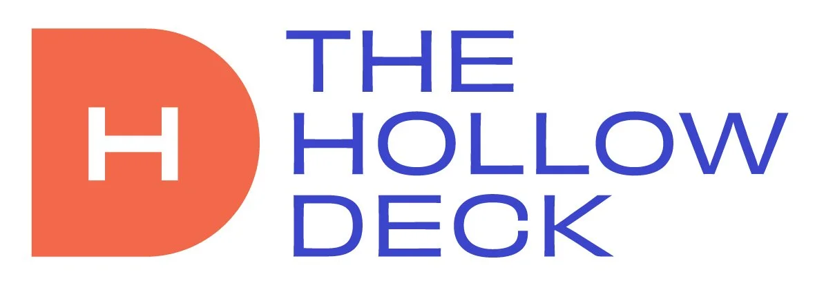 Logo featuring an orange capital letter 'D' with a white letter 'H' inside, next to blue text reading 'THE HOLLOW DECK'.