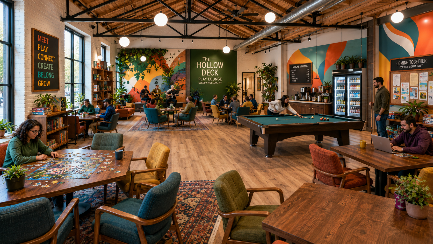 An ai generated image of a lounge area, with people sitting at tables with board games, puzzles, reading books and other activities.