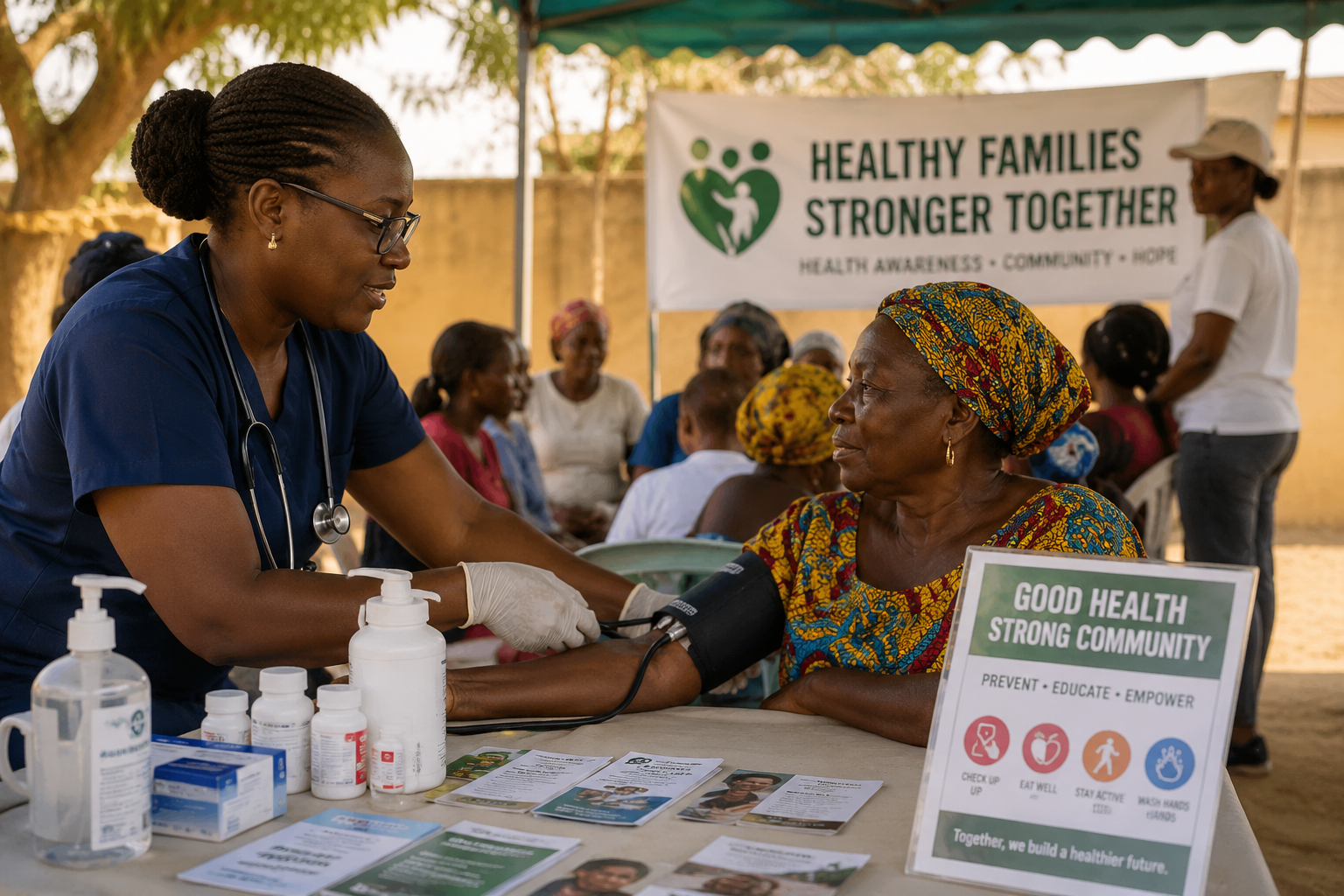 A healthcare worker taking a woman's blood pressure at a health awareness event under a tent, with informational brochures and hand sanitizers on the table, and a banner in the background reading 'Healthy Families Stronger Together'.