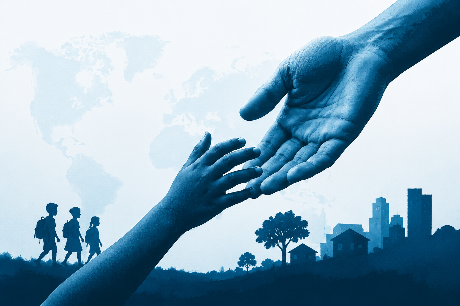 A large blue illustration of a hand reaching out to a smaller hand, with a background of children walking, trees, houses, and city buildings, and a world map.