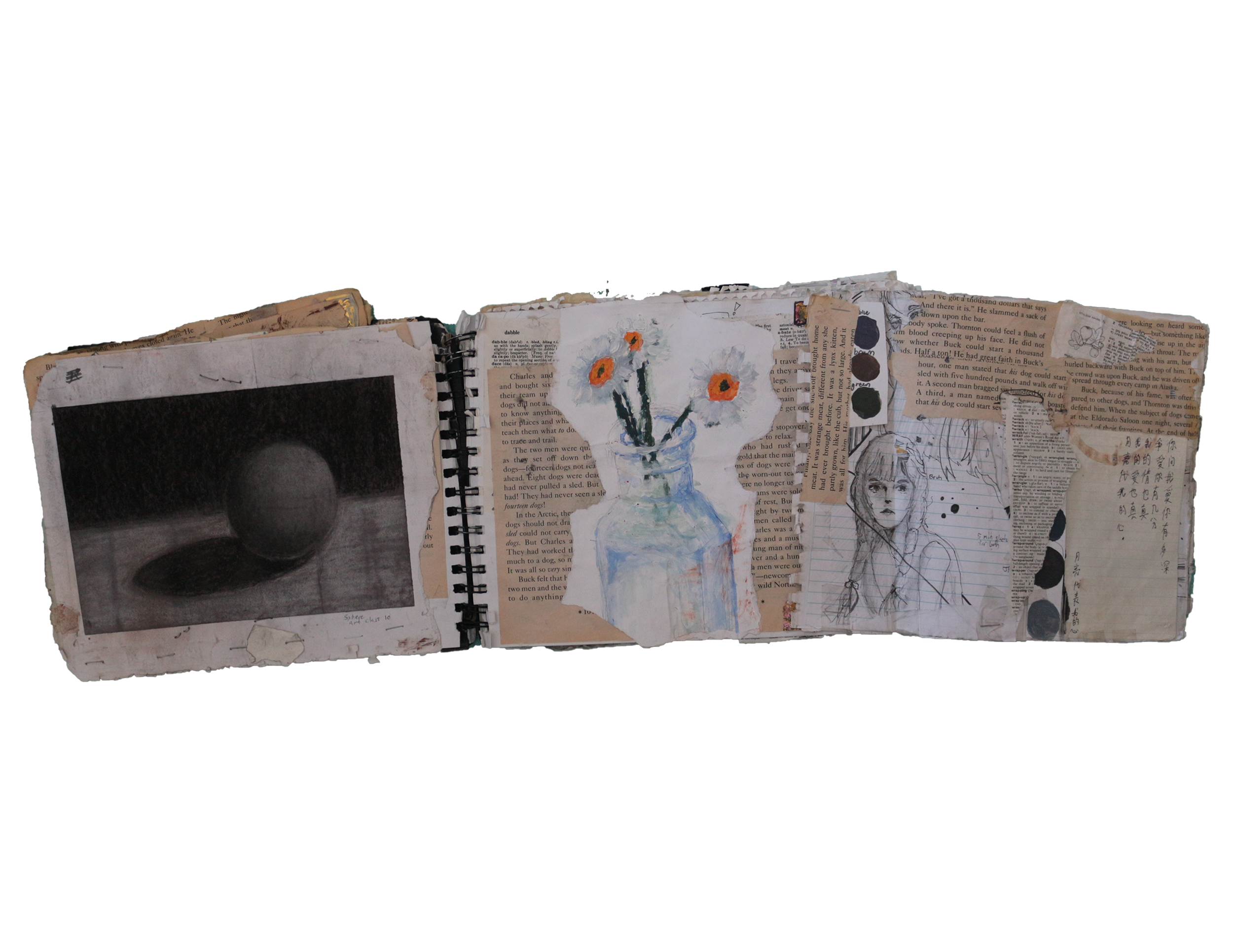 A sketchbook with various doodles and artwork, including watercolor flowers in a glass, a woman's face, and some abstract sketches, surrounded by torn pages of newspaper and magazine clippings.