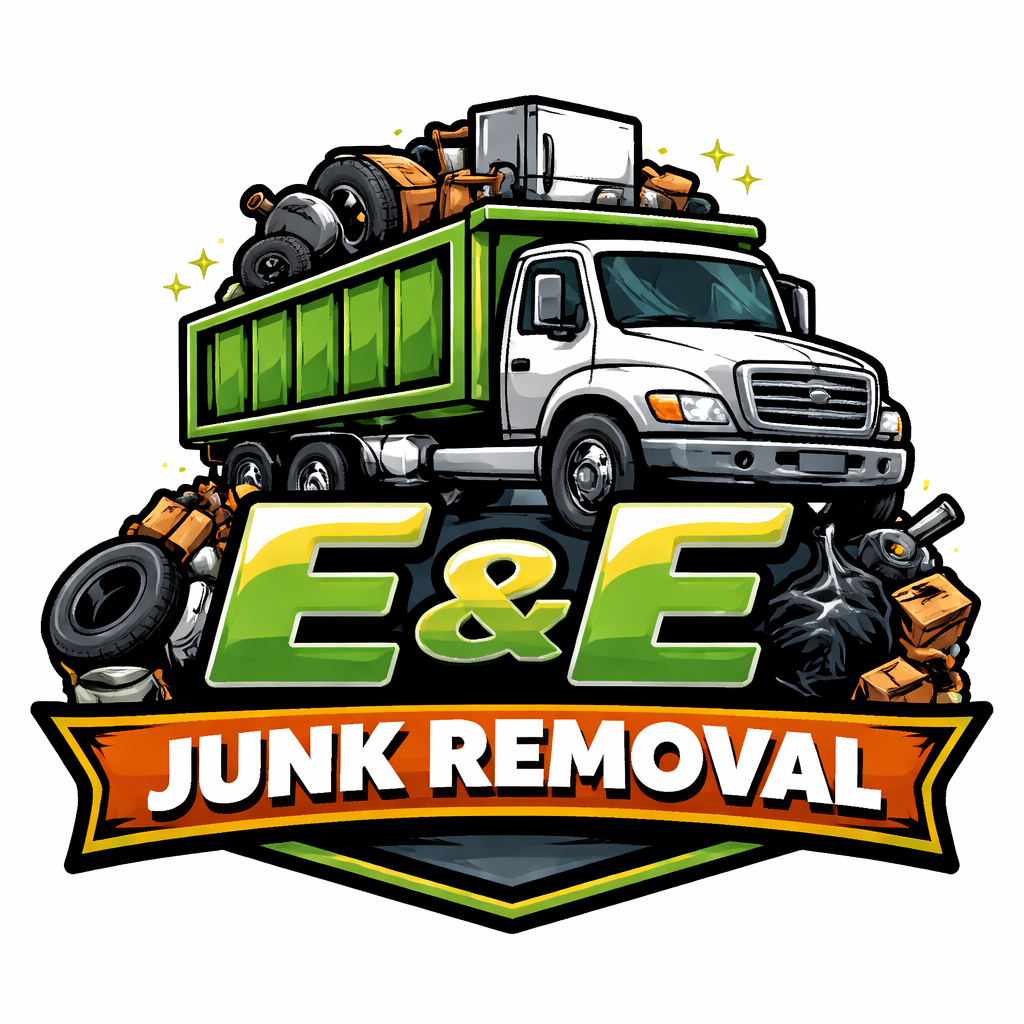 A logo for E&E Junk Removal featuring a silver truck with a green bed, surrounded by piles of various types of trash, including tires, bags, and boxes, with the company name and 'Junk Removal' text in bold.