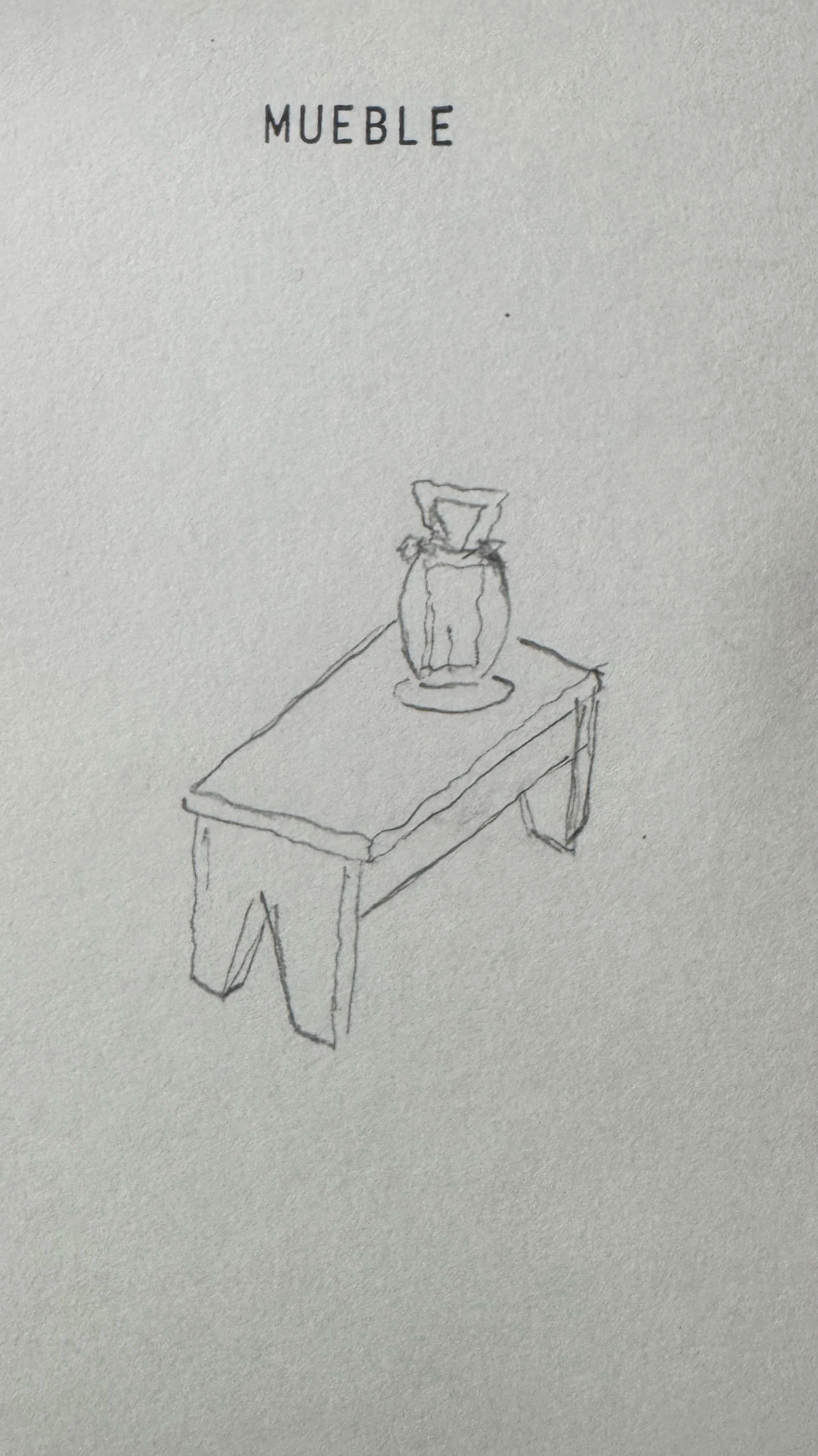 Dibujo en línea de una mesa y un jarrón con una planta, en una hoja de papel