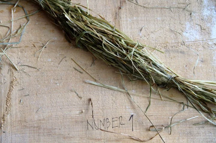 Un manojo de hierba seca sobre una superficie de madera con la inscripción 'Number 1' escrita a mano.