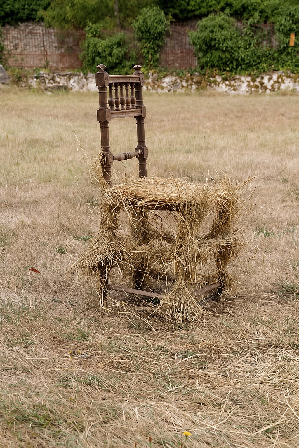 Silla de Trigo . Silla antigua de madera con respaldo y asiento cubierto de paja seca, en un campo seco y sin vegetación, con arbustos verdes y una cerca de madera en el fondo.