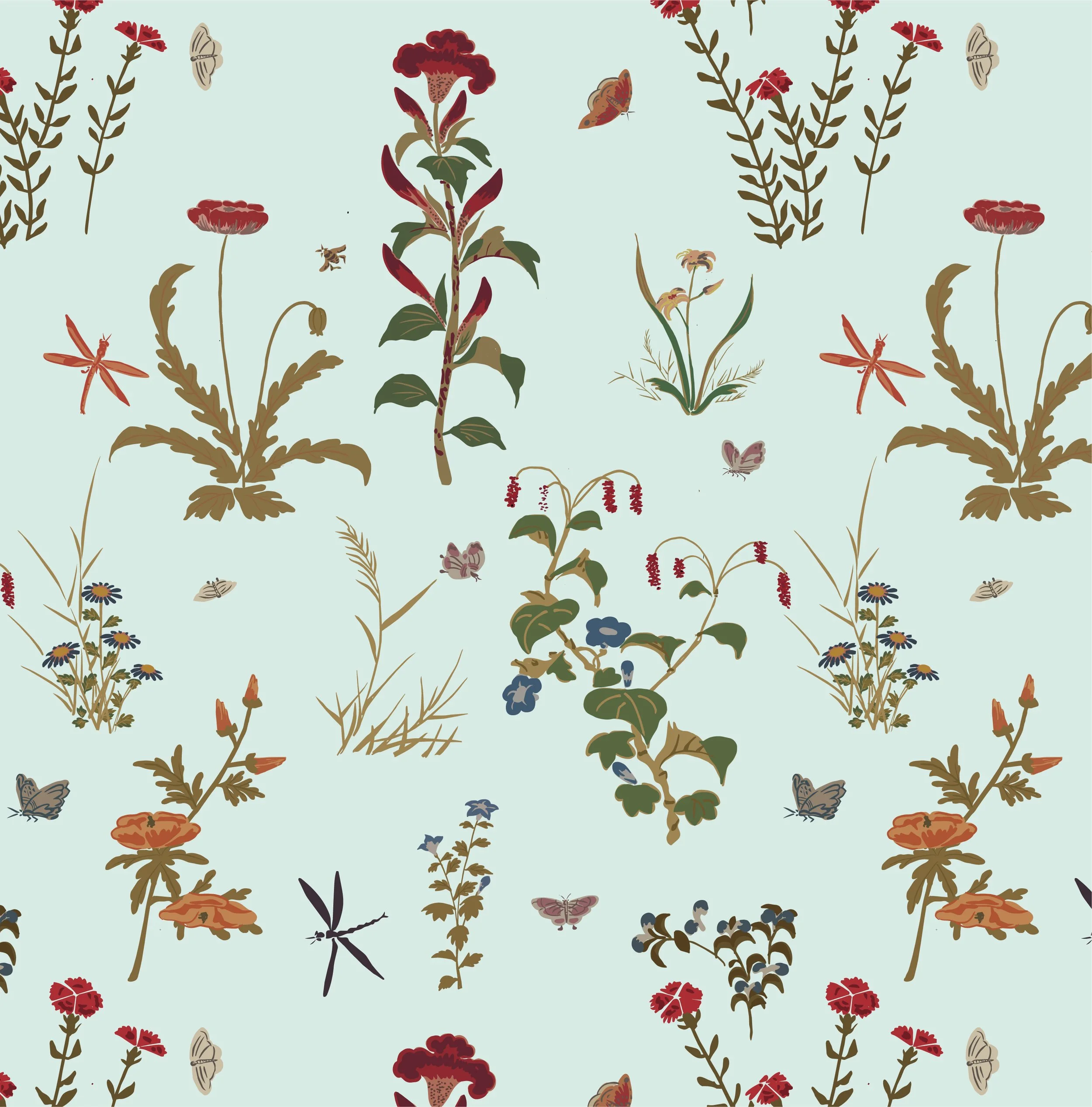Vintage Korean Botanical Folk Art Scatter on Celadon
Inspired by the beloved Korean celadon pottery tradition and rooted in the hand-painted botanicals of Korean Minhwa folk art, this scattered all-over design features wildflowers, climbing vines, dr