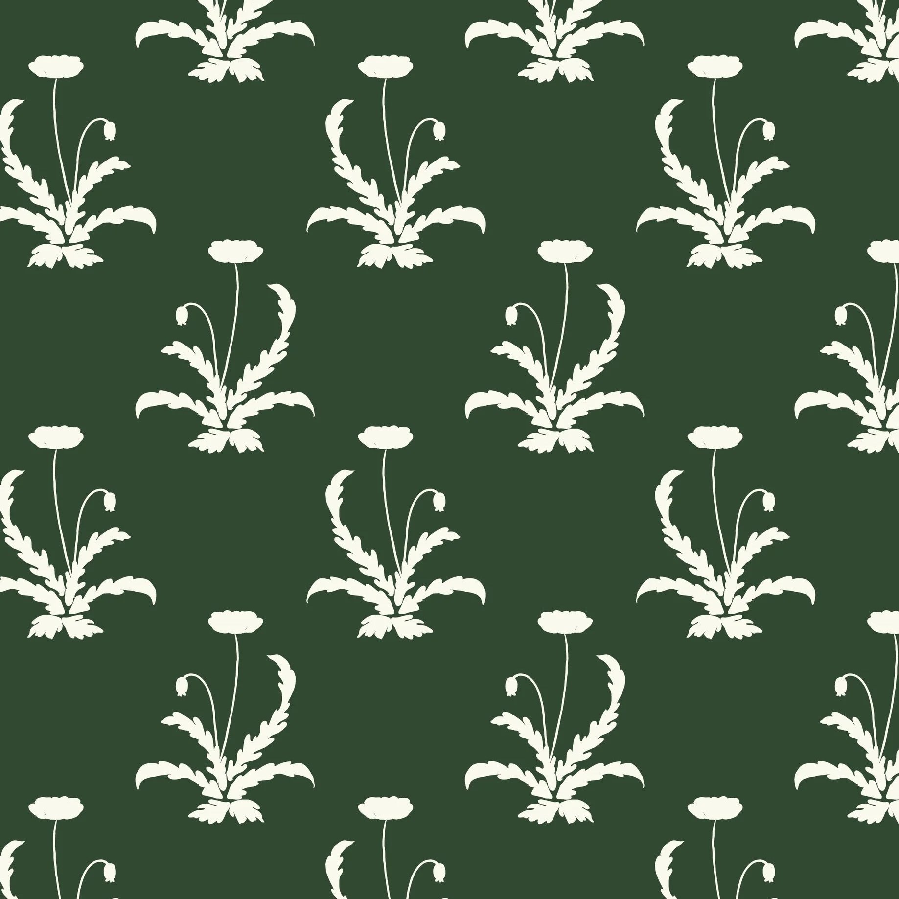 Calm, nature-rooted, and deeply beautiful, this korean poppy silhouette fabric and wallpaper features large-scale poppy and acanthus leaf silhouettes in soft cream on an emerald green ground. Inspired by traditional Korean Minhwa folk art, this tonal