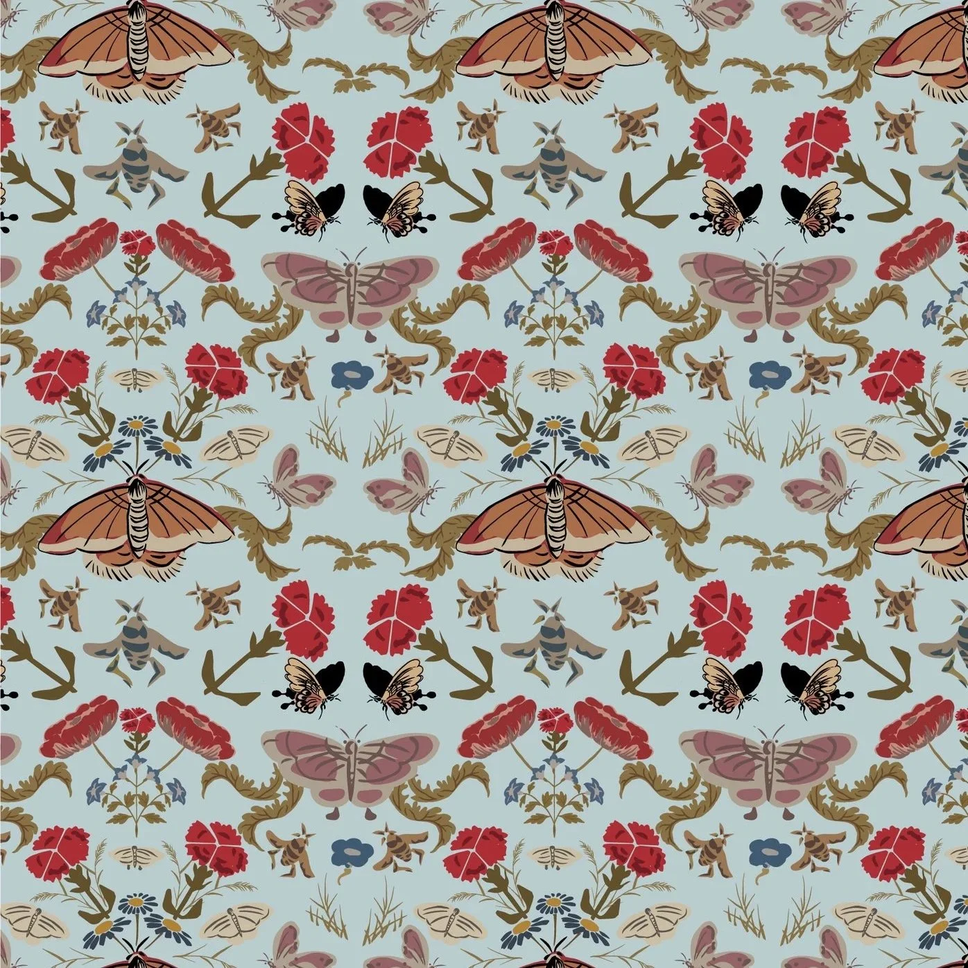 Korean Folk Art Moth Bee Mirrored Floral on Dusty Blue
This stunning korean folk art pattern takes a beloved Minhwa-inspired mirror-repeat design and gives it a cooler, more dramatic mood on a soft dusty blue ground. Moths, bees, carnations, daisies,