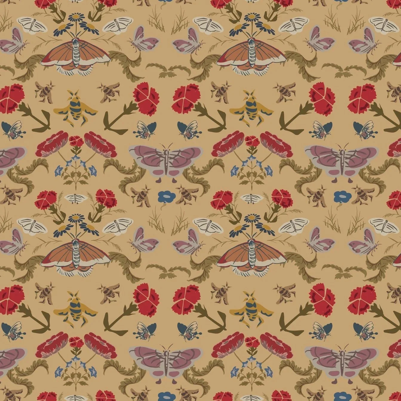 Korean Folk Art Moth Bee Mirrored Floral on Antique Gold
Make a statement with this bold and beautiful Korean folk art fabric and wallpaper. Inspired by traditional Korean Minhwa painting and rooted in centuries of artistic heritage, this symmetrical