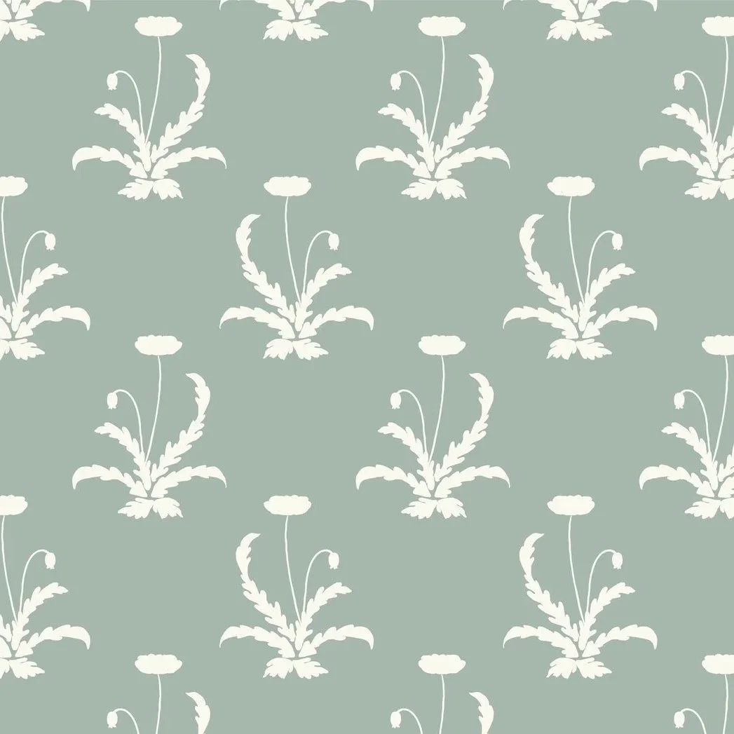 Korean Poppy Silhouette Botanical on Sage Green
Calm, nature-rooted, and deeply beautiful, this korean poppy silhouette fabric and wallpaper features large-scale poppy and acanthus leaf silhouettes in soft cream on a muted sage green ground. Inspired