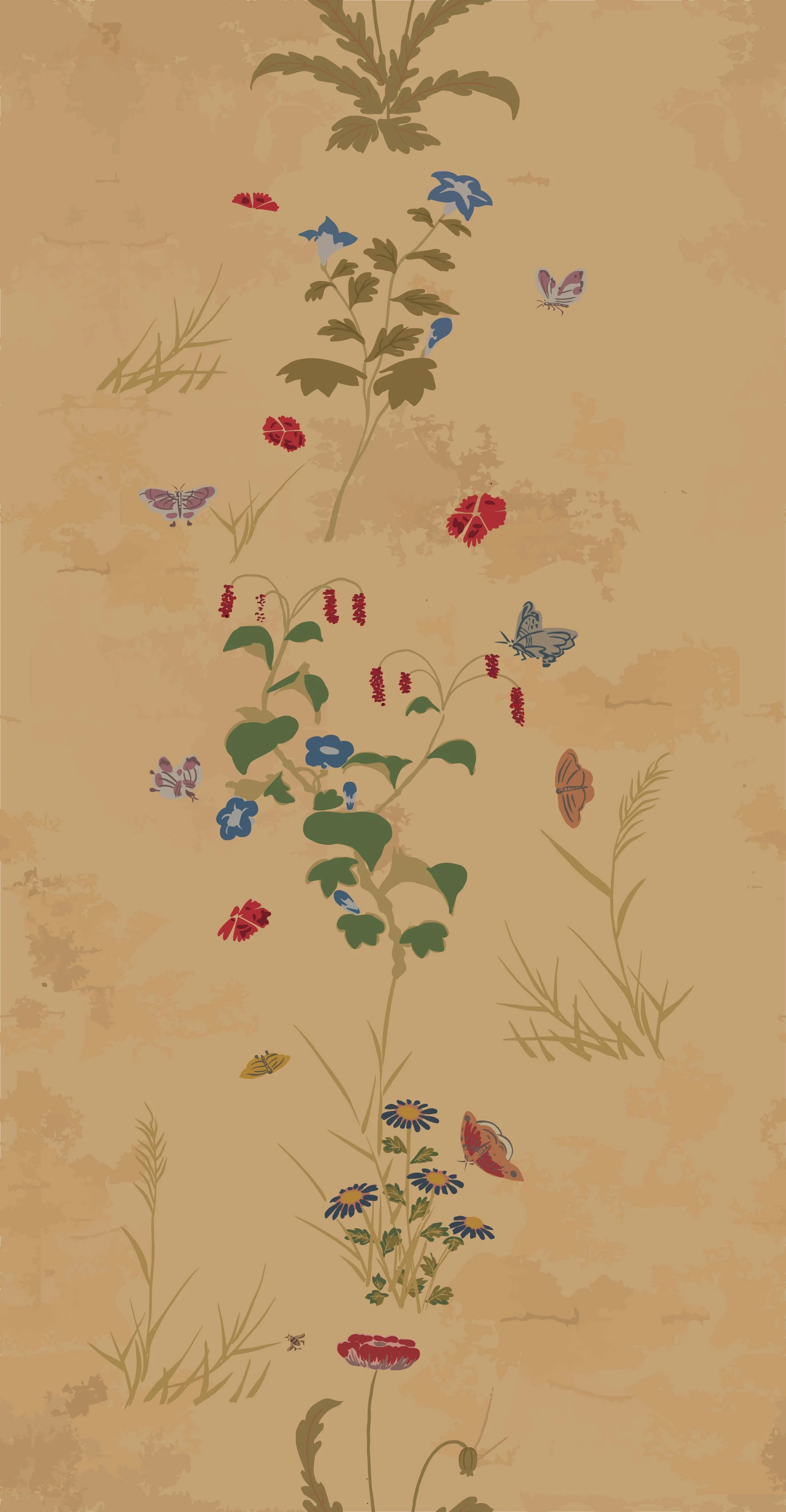 Vintage Korean Botanical Folk Art Scatter on Antique Gold
Bring centuries of Korean artistic tradition into your home with this hand-painted vintage Korean botanical fabric and wallpaper. Inspired by a visit to the National Museum of Korea and rooted