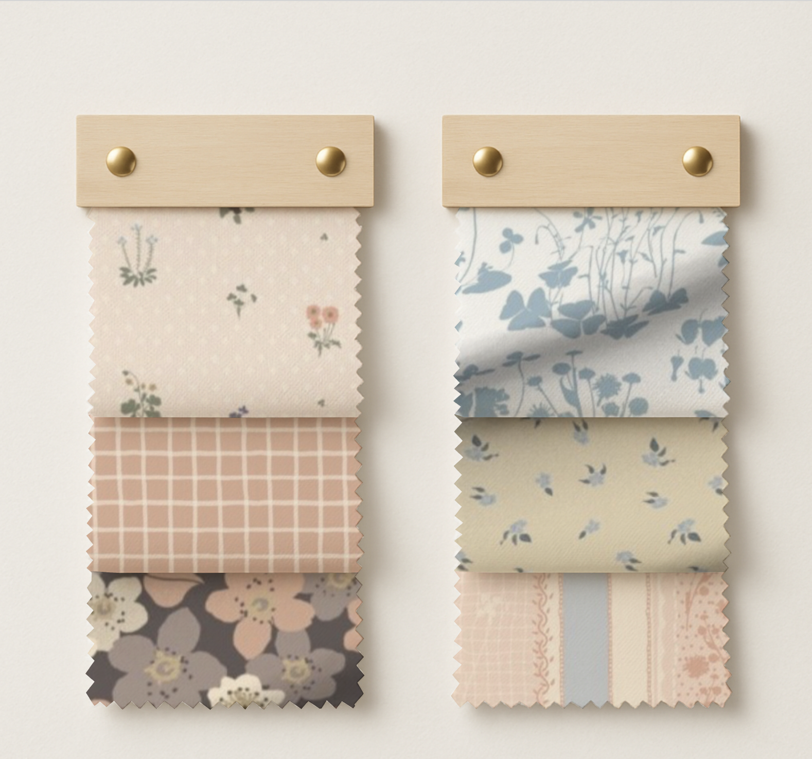 Wildflower Heirloom and Spring Emergence collection fabric swatches in blush and sage — Emily Maria Studios