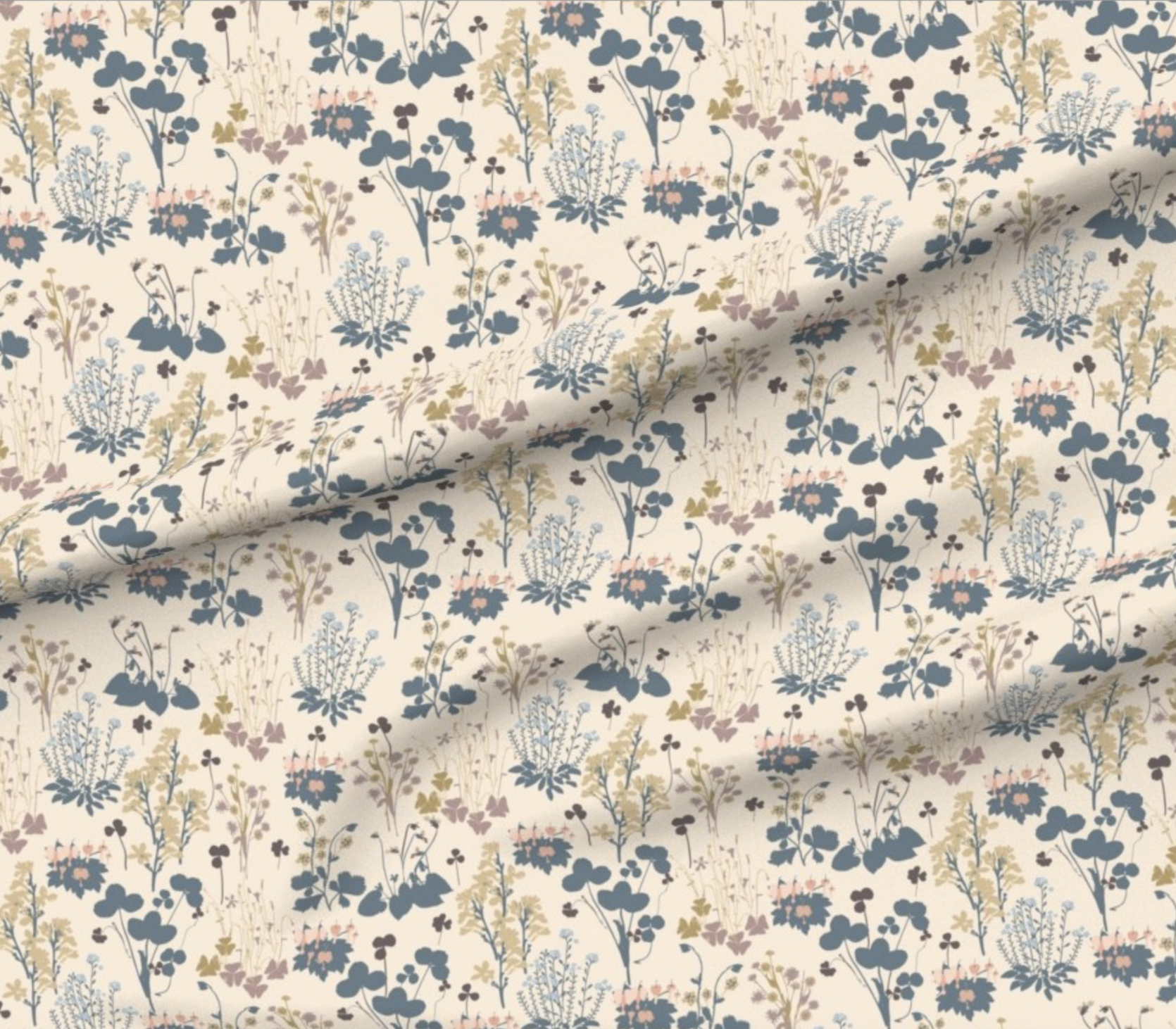 Wildflower meadow botanical fabric by the yard in dusty blue and blush — Emily Maria Studios