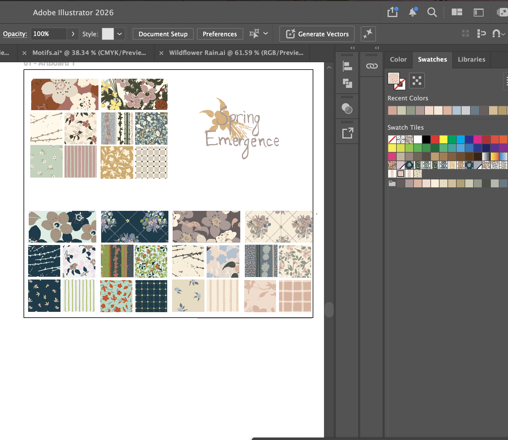 Screenshot of Adobe Illustrator workspace displaying a collection of floral and patterned designs, with a logo that reads "Spring Emergence" featuring a witch hazel flower Emily Maria Studios