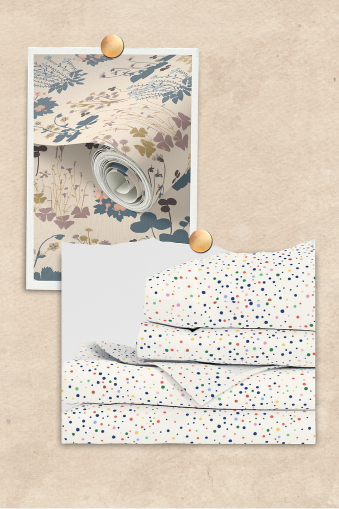 Moodboard  greenhouse poppies fabric swatches and sheets Emily Maria Studios