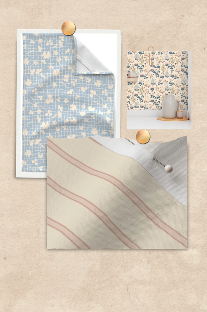 Moodboard Spring Emergence ticking pinstripe fabric by the yard Emily Maria Studios