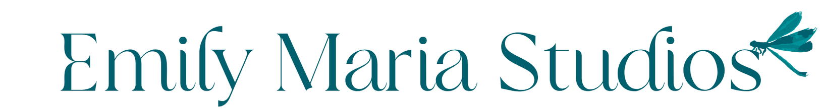 Emily Maria Studios logo with teal text and a dragonfly illustration in teal on the right.