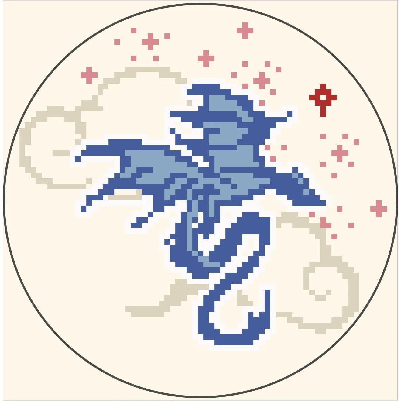 Blue dragon needlepoint pattern PDF, fantasy embroidery chart with stars and clouds by Emily Maria Studios