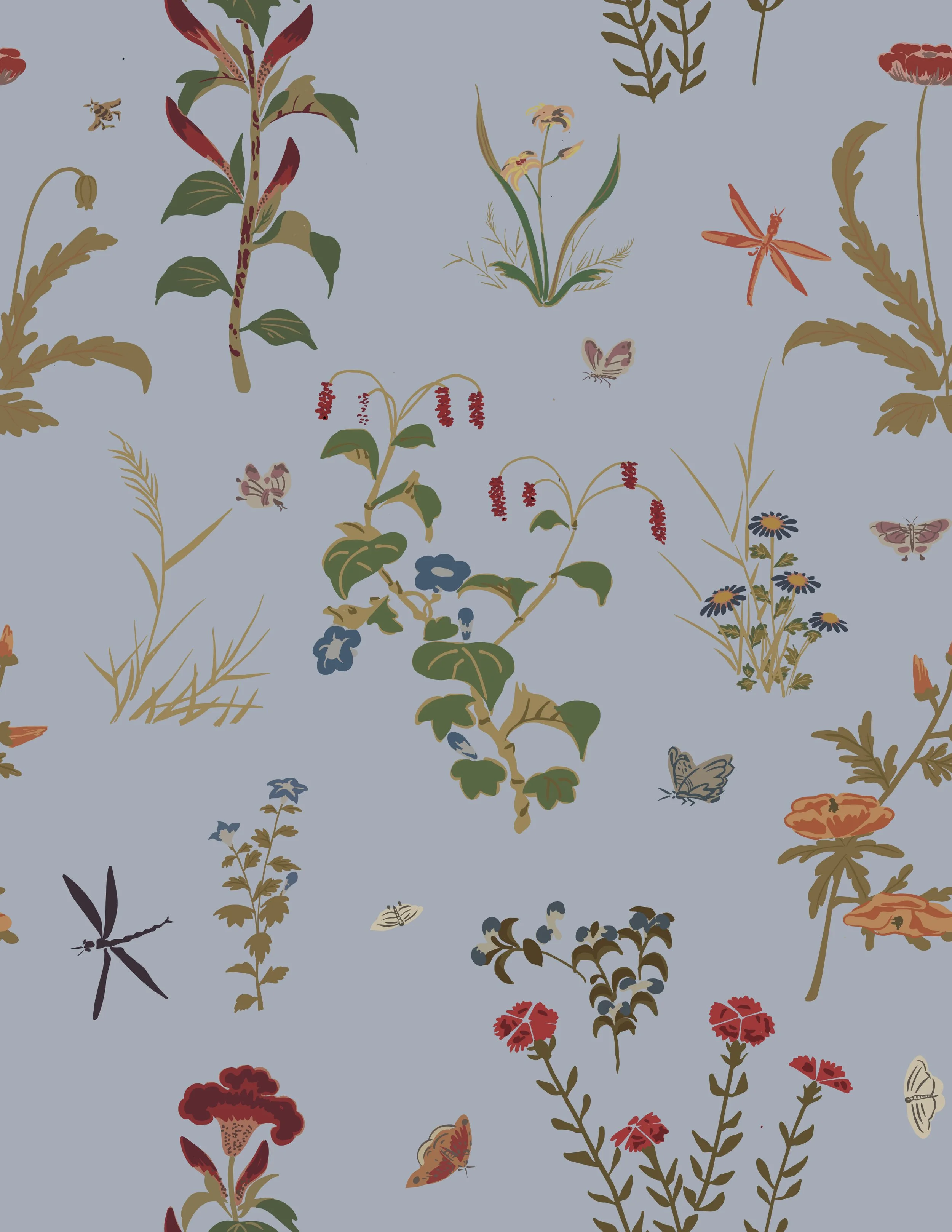 Vintage Korean Botanical Folk Art Scatter on Periwinkle Blue
Fresh and full of life, this vintage korean botanical fabric and wallpaper features hand-painted wildflowers, climbing vines, dragonflies, butterflies, and moths inspired by traditional Kor