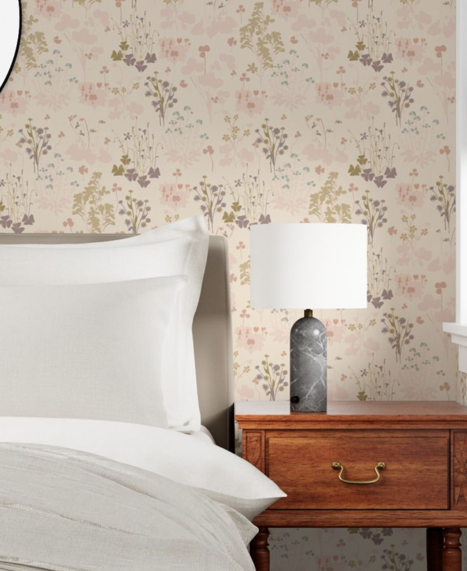 Botanical floral peel and stick wallpaper in styled bedroom — Emily Maria Studios