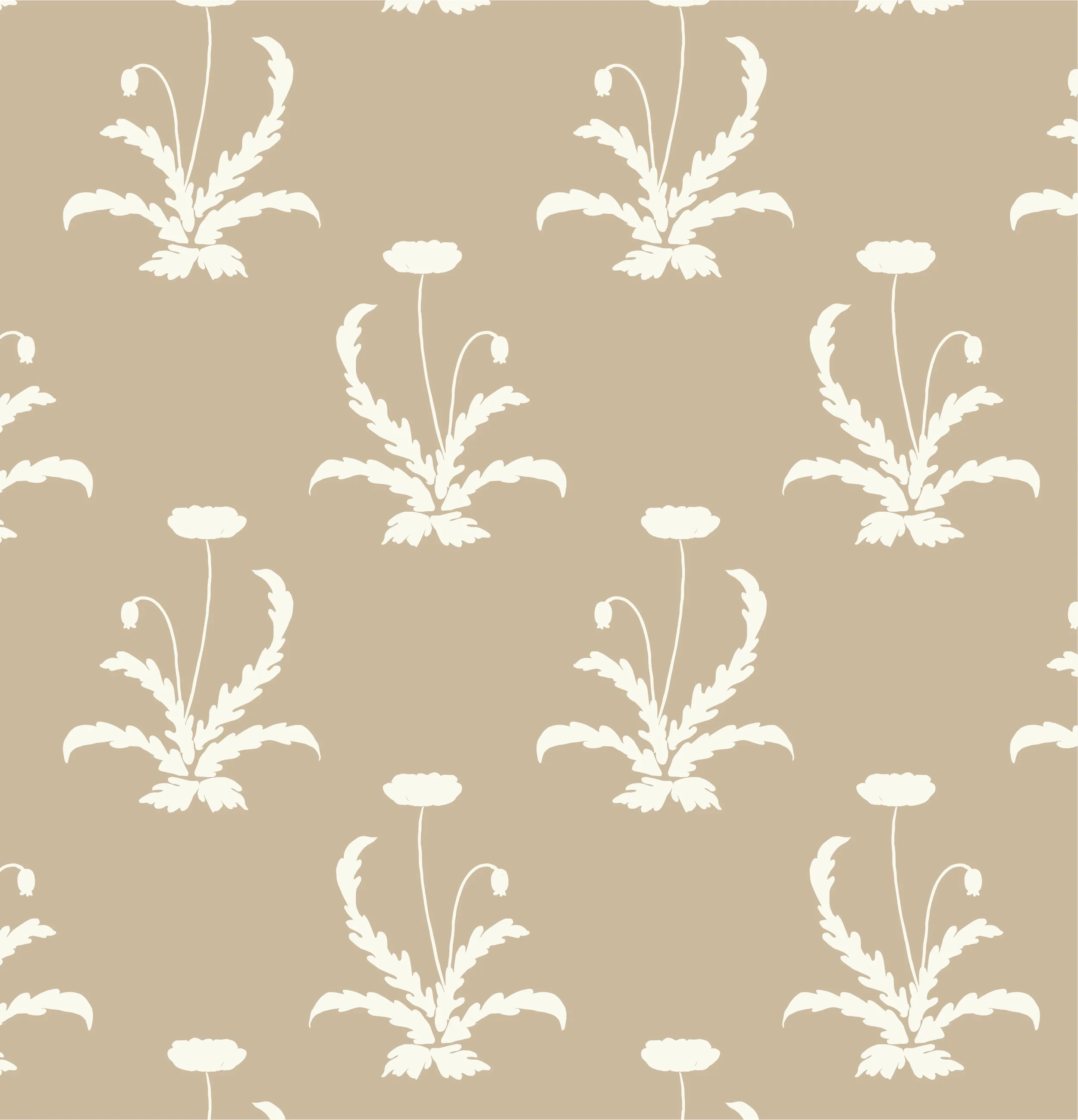 Korean Poppy Silhouette Botanical on Warm Taupe
Understated and refined, this korean poppy silhouette fabric and wallpaper features elegant large-scale poppy silhouettes with sweeping acanthus leaves in soft cream on a warm taupe ground. Inspired by 